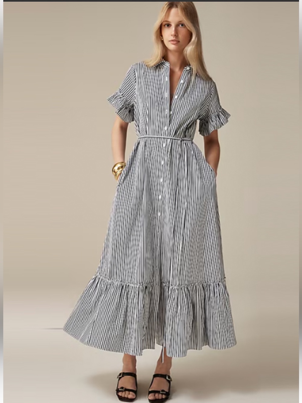 J.Crew Amelia Cotton Poplin Maxi Shirt-Dress In Navy Blue Stripe Size Small NWOT
